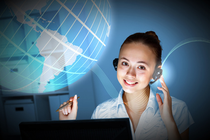 smiling receptionist with telephone headset